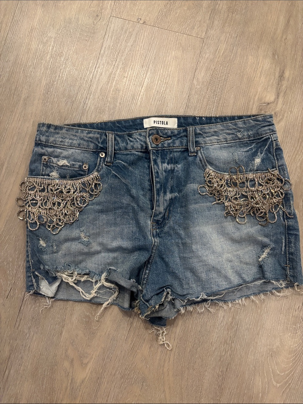 pistola Distressed Blue Denim Shorts with diamond fringe sz30 worn once